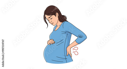 Tired pregnant woman in a blue dress holds her lower back while experiencing discomfort and physical strain during pregnancy.
