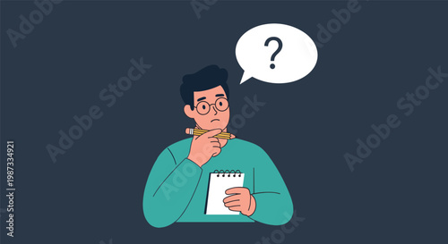 Young man with glasses looking thoughtful while holding a pencil to his chin and a notepad with a question mark bubble.
