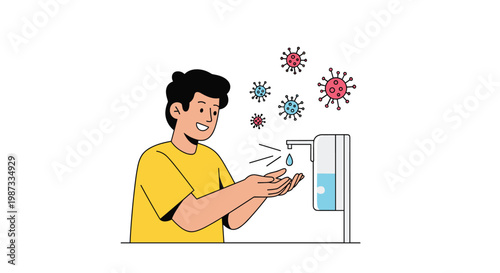 Young man using an automatic hand sanitizer dispenser to wash his hands and kill floating virus molecules for hygiene.