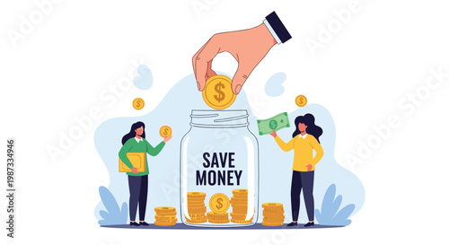 Giant hand putting a gold coin into a large glass jar labeled save money with small people holding coins and banknotes.