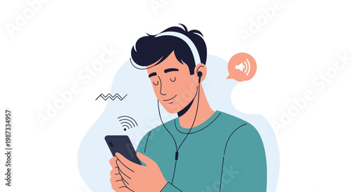 Relaxed young man wearing headphones and listening to music or a podcast while looking at his mobile phone screen.