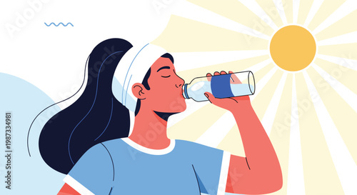 Active young woman wearing a headband drinking bottled water outdoors under a bright hot sun to stay hydrated.