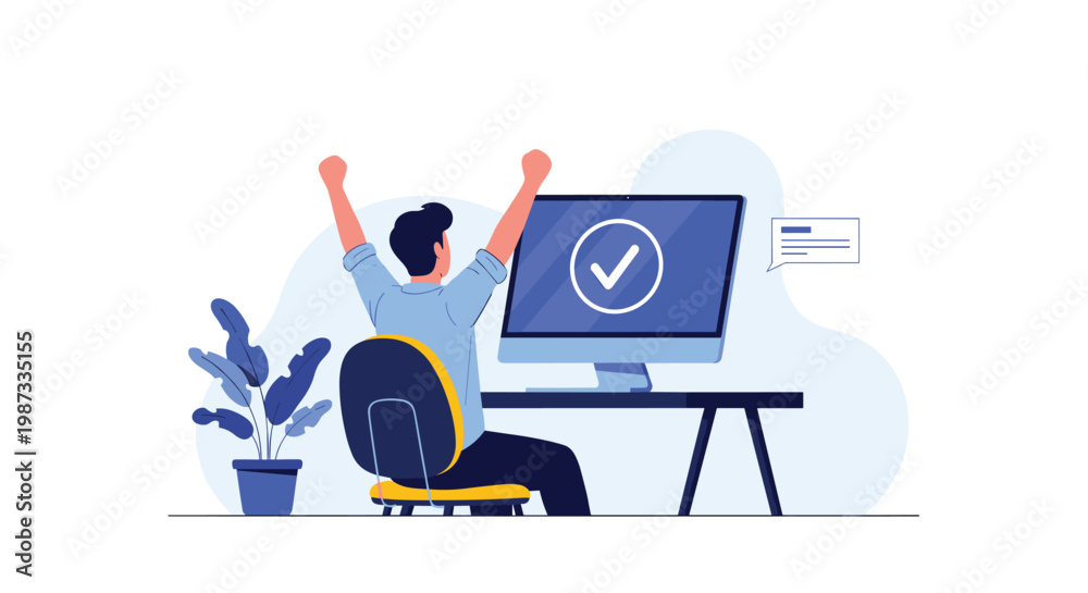 Fototapeta premium Successful young man sitting at his office desk and raising his arms in celebration in front of a computer with a checkmark.