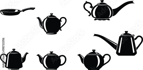 Flat vector illustration, kitchenware silhouettes, frying pan teapot kettle designs, black white artwork, diverse spout handle lid variations concept