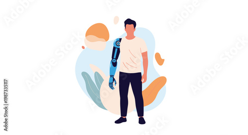 Young man standing confidently with a modern blue bionic prosthetic arm representing advanced medical technology and accessibility.