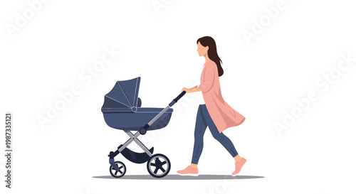 Young mother walking and pushing a blue baby stroller or pram outdoors on a white background representing motherhood and parenting.