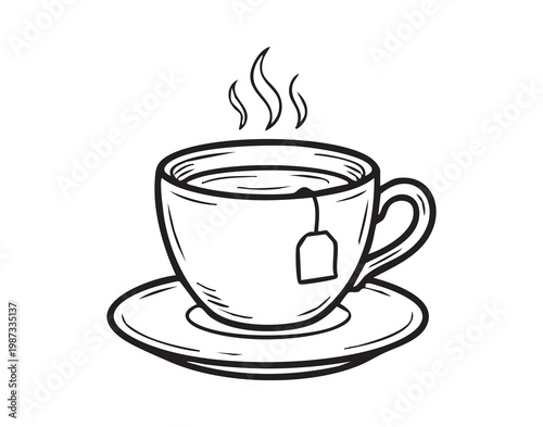 Steaming teacup on saucer evokes calm handdrawn black outline showing teabag tag, hot herbal beverage for breakfast or cafe break, cozy hygge vibe, aroma and warmth, minimalist illustration