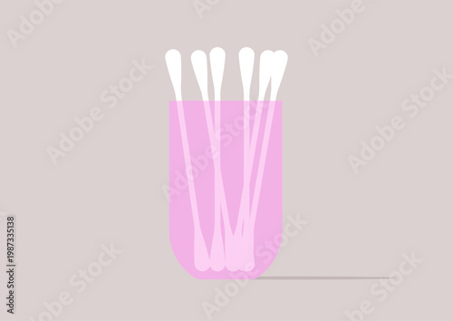 Cotton swabs arranged in a clear pink glass, showcasing soft colors and sleek designs for an artistic beauty experience