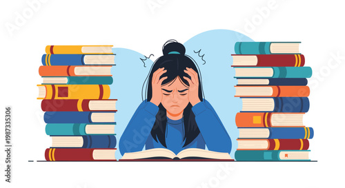 Stressed young female student holding her head in despair while sitting at a desk between two massive stacks of books.