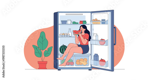 Young woman sitting inside a large open refrigerator full of food and eating a slice of watermelon to cool down from the heat.
