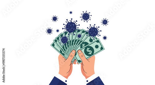 Two hands in suit sleeves holding a fan of dollar bills covered with floating virus particles representing dirty money.