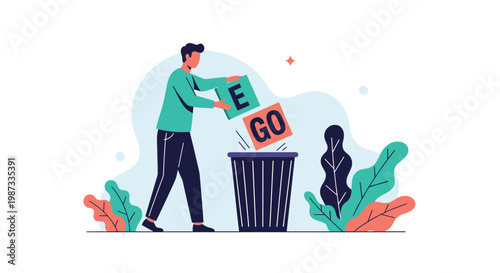 Young man throwing blocks spelling the word ego into a trash can representing personal growth and humble behavior.