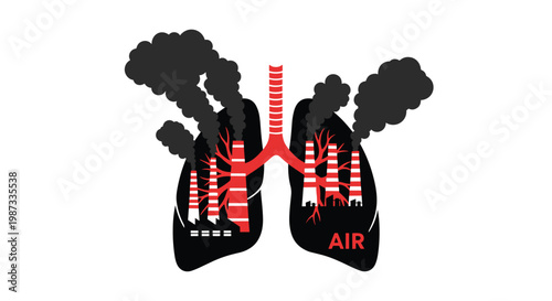 Human lungs concept with industrial factory chimneys emitting thick black smoke and air pollution in flat vector style.