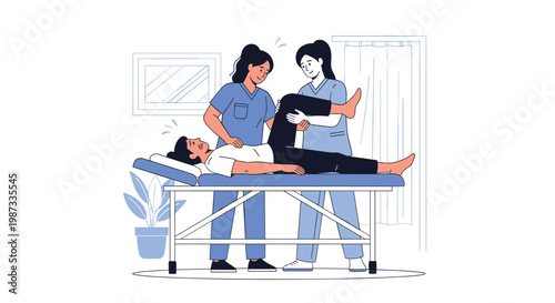 Two professional female physical therapists helping a young male patient with leg exercises on a medical treatment table.