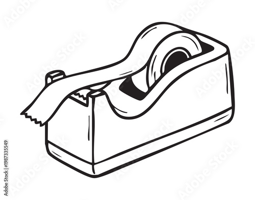 Desktop tape dispenser holding clear adhesive roll for packaging and stationery tasks, compact desk tool with serrated cutter, clean office or craft setting, practical supply for shipping and wrapping