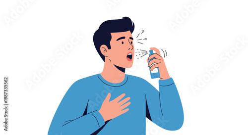 Young man using an asthma inhaler to breathe properly during a respiratory attack in flat vector illustration.