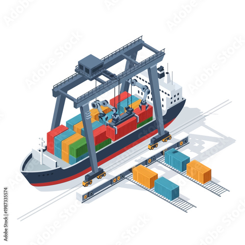 Container Ship Loading and Unloading with Gantry Crane at Port.