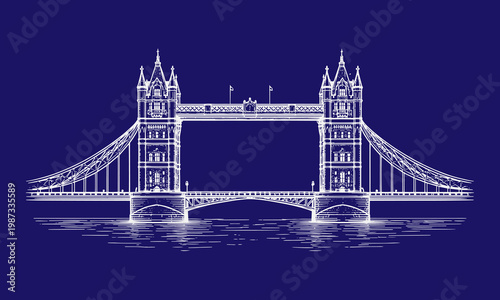 Photography Tower Bridge London Hand Drawn Line Art Sketch, Vintage Architectural Illustrati