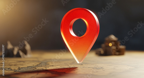 Red glass location pin floating above vintage paper world map