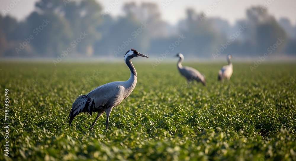 Fototapeta premium Graceful Crane Breeding in Wide Green Field at Dawn