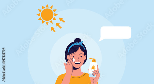 Happy woman applying sunscreen cream to her face on a sunny day for skin protection in flat vector illustration.