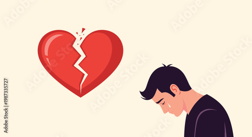Sad young man crying with a broken heart symbol representing heartbreak and loneliness in flat vector illustration.