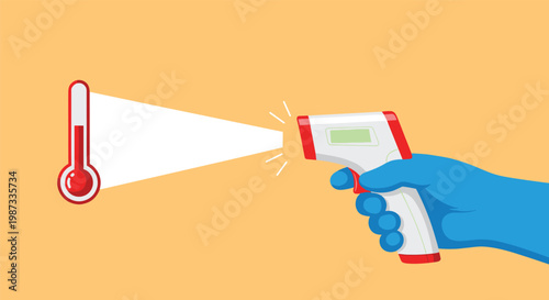 Medical hand in a protective blue glove holding an infrared thermometer for body temperature check in flat vector style.
