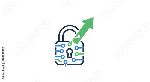 Cyber Security Padlock Icon with Growth Arrow and Circuit Line Detail