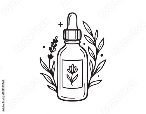 Herbal dropper bottle with floral accents handdrawn black outline and delicate leaves surrounding bottle, minimal composition on white background, vintage apothecary vibe, sustainable skincare