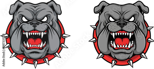 Aggressive bulldog mascot vector set, angry dog head with spiked collar, fierce canine sports logo illustration, 2 grey bulldog icons