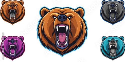 Aggressive grizzly bear mascot head vector set, roaring brown bear sports logo collection, 5 colorful grizzly bear icons for gaming and apparel