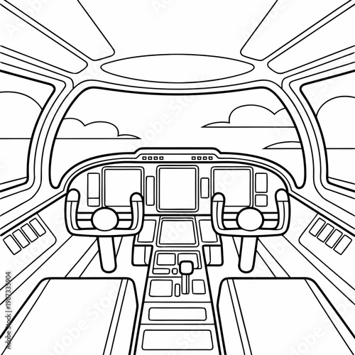 Airplane cockpit interior with two yokes and screens