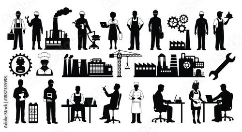 Photos Industrial workers and factory elements depicted in a striking black silhouette