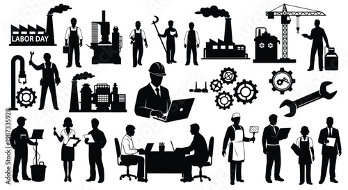 Labor day illustration featuring workers factories and tools in black silhouette