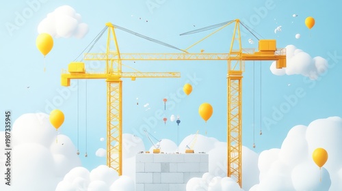 Whimsical construction scene with cranes, balloons, and fluffy clouds against a blue sky