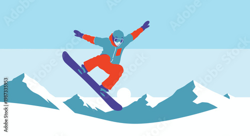 An active skier and snowboarder catch fast action air while jumping off a snowy mountain slope during an extreme winter sports vacation