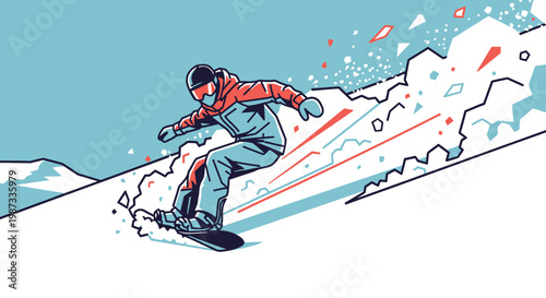 An extreme snowboarder performs an active jump on a snowy mountain slope against a clear winter sky, capturing the high-speed action of this cold weather sport activity