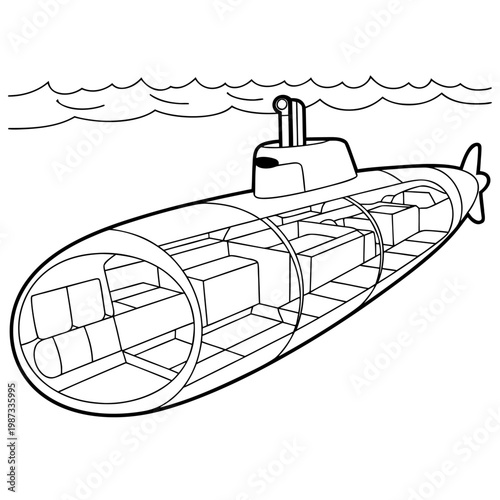 Cutaway view of a submarine interior with water waves