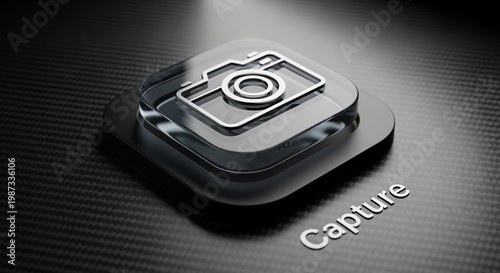 Camera icon rendered in 3D style on dark carbon fiber background