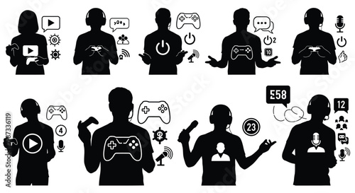Diverse gamers represented with digital icons and activities a striking silhouette