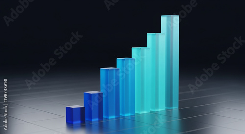 Glass bar chart showing upward growth trend on dark background