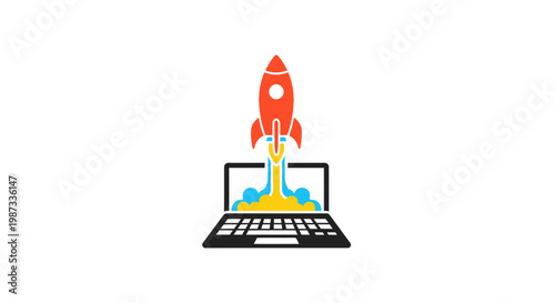 Rocket Launching from Laptop Flat Illustration – Startup and Digital Innovation Concept and Symbolizes the rising digital business