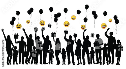 Celebratory crowd with balloons and gifts a dark silhouette high quality