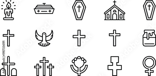 A flat lay of various religious and mourning icons, including crosses, a church, coffin, and dove, on a plain white background, vector illustration representing remembrance, spirituality,