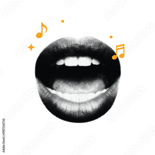 Isolated female mouth singing - retro halftone pop art element. Trendy vintage dotted graphic with plump lips.
