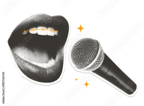 Isolated female mouth singing into a microphone - retro halftone paper cutout sticker. Trendy music collage composition with yellow braces detail and sparkles.