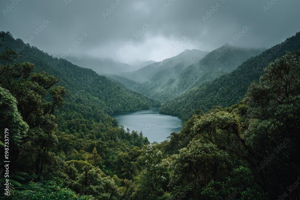 Fototapeta premium Serene mountain lake nestled in lush, misty green forest