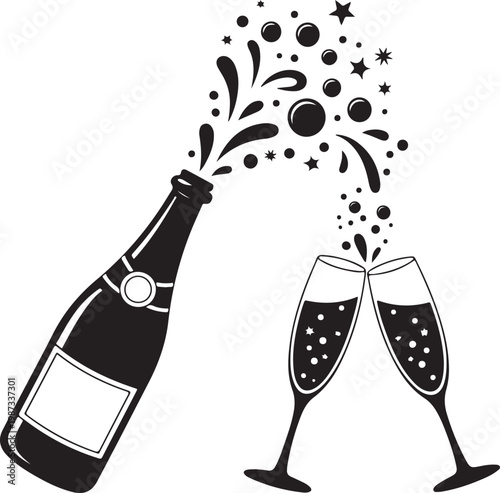 Champagne bottle popping with clinking glasses in celebration