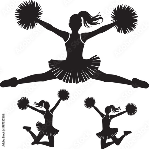 Energetic cheerleaders performing with pom-poms in dynamic poses