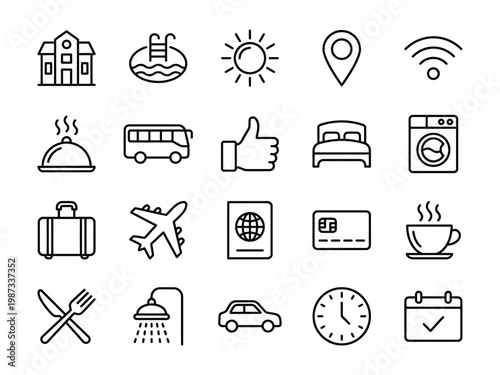 Travel and hospitality line icons set vector illustration of vacation hotel tourist services symbols with swimming pool map pin thumb up washing machine road trip vacation hospitality airplane